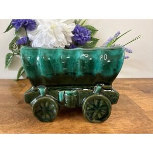 Vintage Canuck Pottery Covered Wagon Bank Canadian Art Pottery‎ Green Drip Glaze